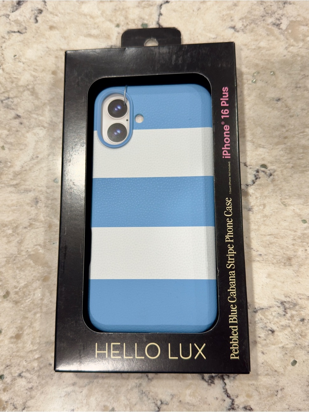 New Hello Lux iPhone 16 Plus Pebbled Blue Cabana Stripe Phone Case
